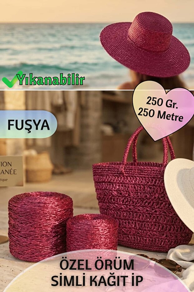 Special Orum Glitter Paper Thread - Favorite Thread for Bag & Hat Making (250 Gr - 250 Meters) Fuchsia
