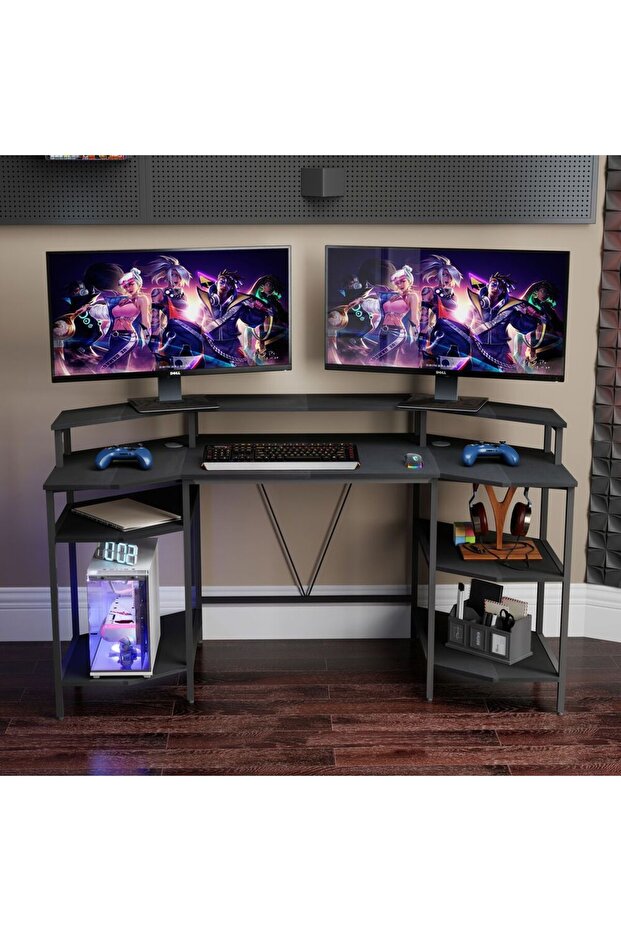 Bremen Gaming Desk With Open Shelves|Computer Table|Wood and Metal Study Table L160xW72xH90cm -Black