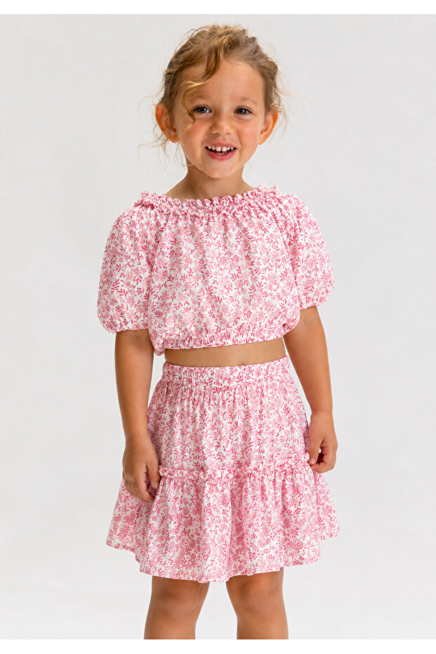 Girl's Balloon Sleeve Patterned Skirt and Blouse Set