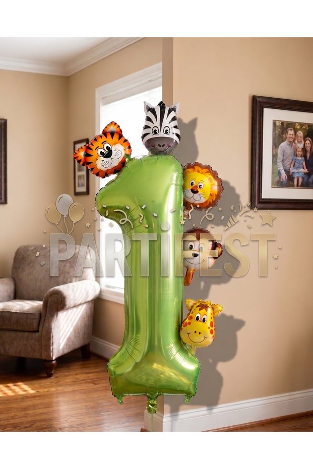 Safari Animals 6-Piece Balloon Set Birthday Balloon Set Safari Concept and Green Number Balloon