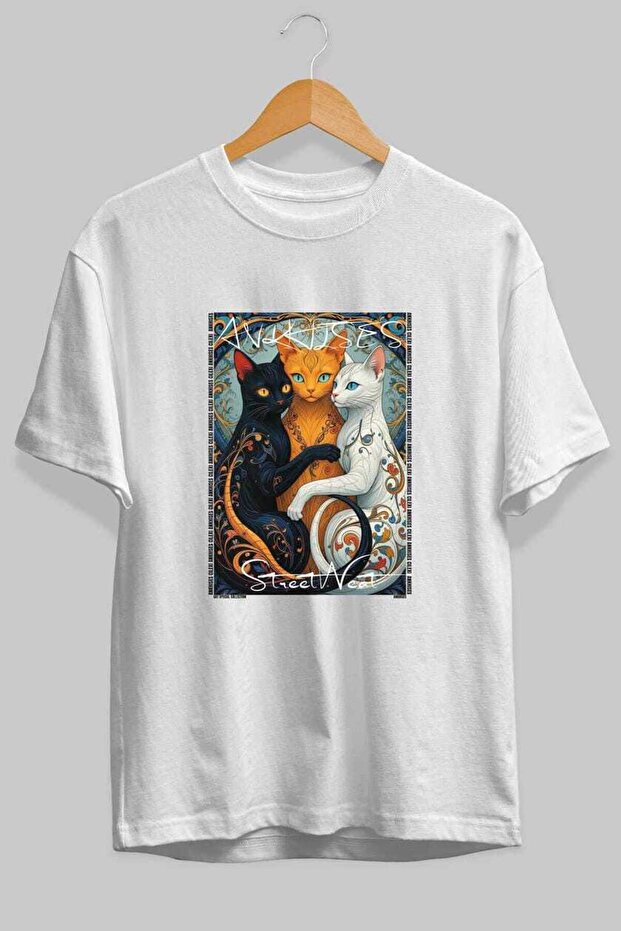 For the Love of Cats 52 Front Cat Printed White Oversize T-Shirt 100% Cotton Unisex Cat Lover Premium Design