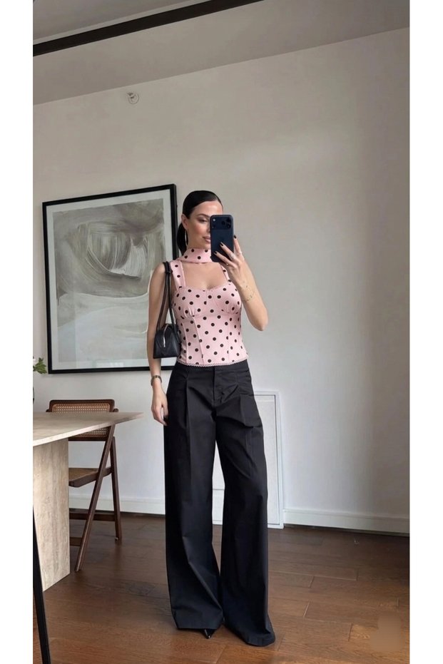 Women's Polka Dot Premium Corset Blouse with Scarf