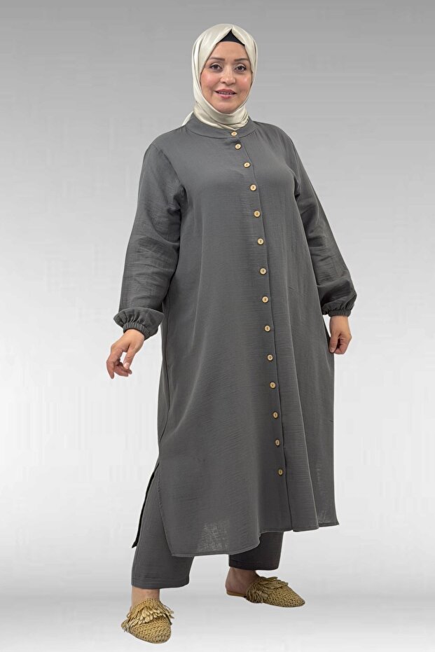 57044 Plus Size Button-Down Muslin Pants Suit with Elastic Sleeves - Anthracite