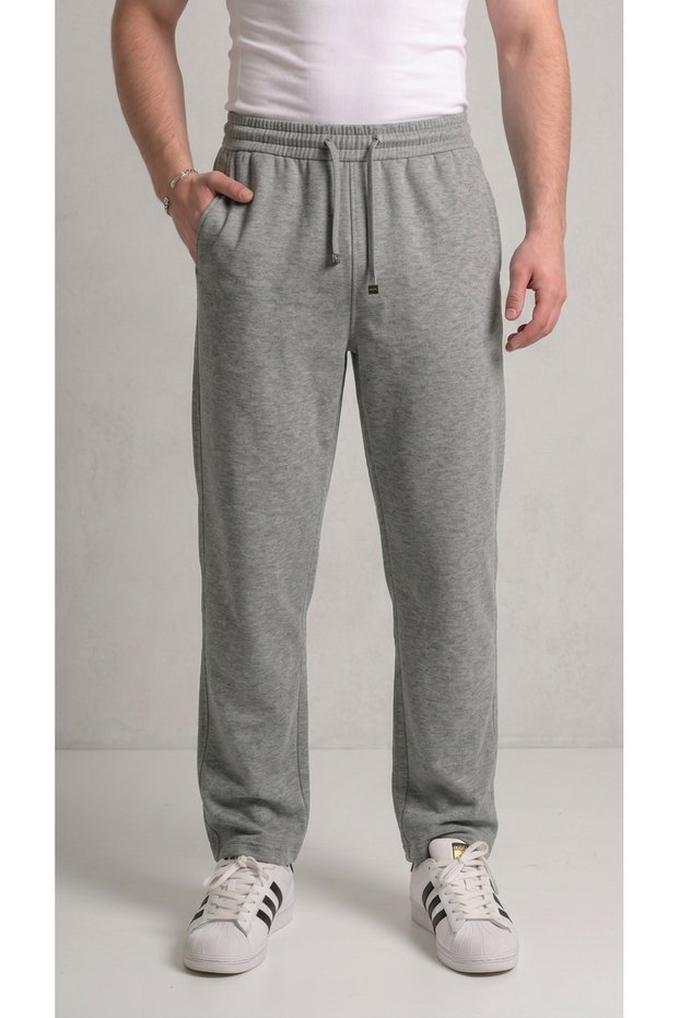 Men's Gray Pique Fabric Loose Fit Baggy Pocketed Lace-Up Trousers