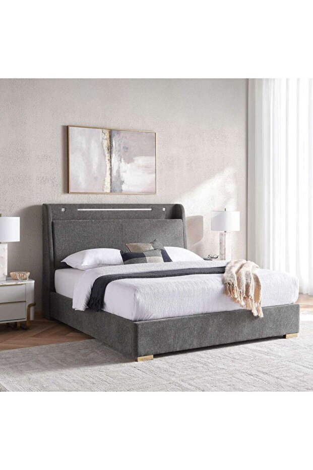 Javier Queen Bed 160x200 Headboard With 2 Usb Port Led Lights And Storage- Stone Grey