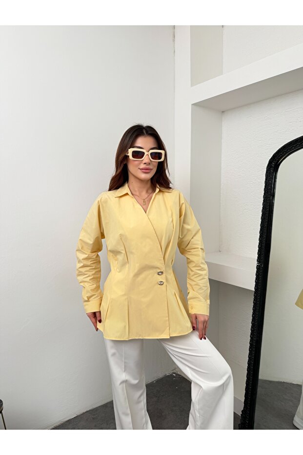 Gold Button Detailed Double-Breasted Shirt with Elastic Waist