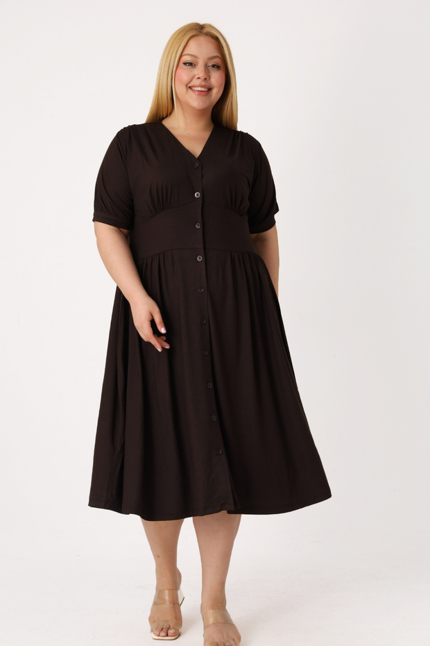 Women's Plus Size Short Sleeve Buttoned Lycra Viscose Pocketed V-Neck Dress
