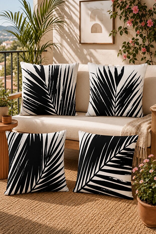 Black Palm Leaves Patterned 4-Piece Throw Pillow Cover Set