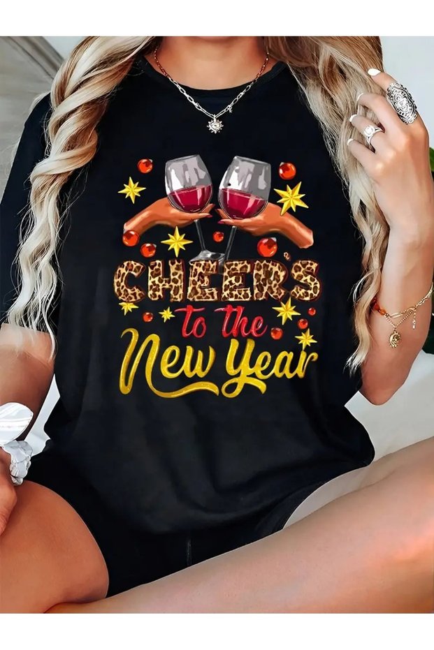Women's / men's new year's themed red white t-shirt happy new years printed oversize loose new year