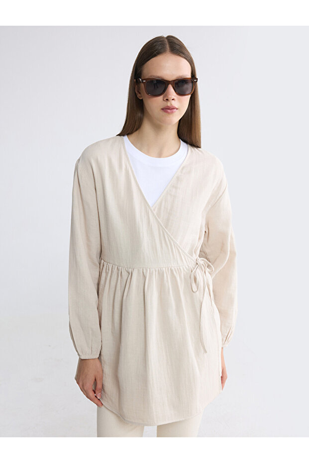 Lcw Modest Gray Double-Breasted Collar Textured Women's Kimono