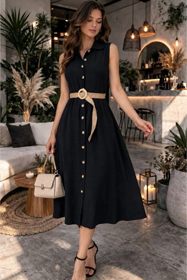 Women's V-Neck Button Detailed Sleeveless Midi Dress (Without Belt)