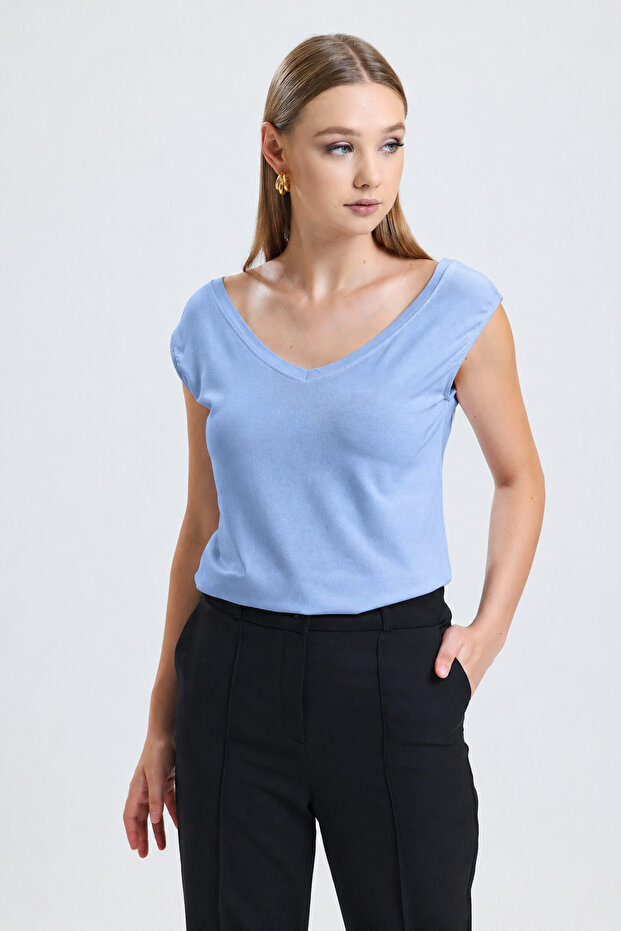 Deep Front Back V-Neck Low Sleeve Viscose Lyc Fabric Blue T-Shirt
