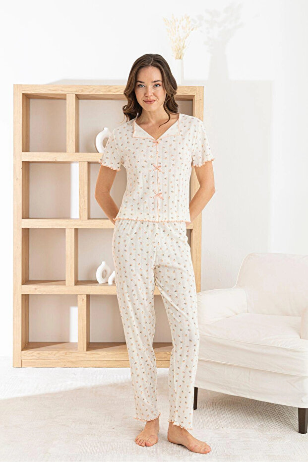 Women's Short Sleeve Ribbed Fabric Pajama Set