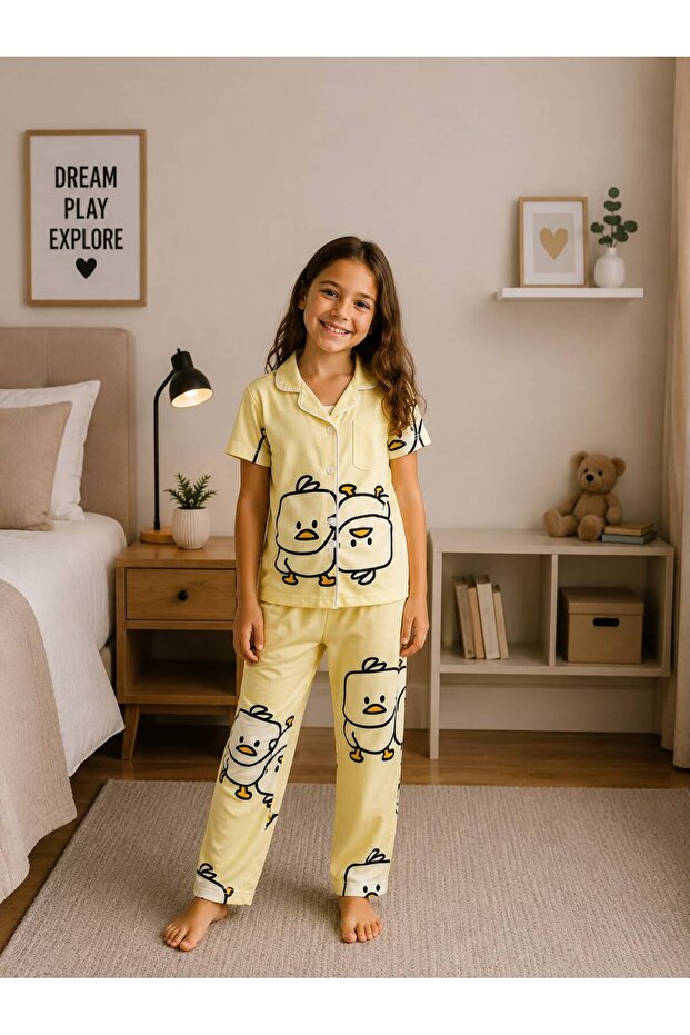 Girl's Cotton Milan Fabric Yellow Chick Patterned Shirt Collar Buttoned Short Sleeve Pajama Set