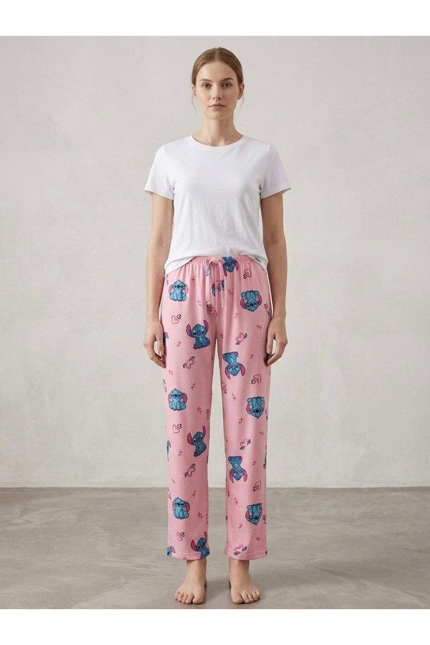 Pink Stitch Printed Wide-Leg Cotton Pajama Bottoms
