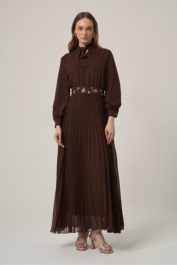 Women's Chiffon Belted Pleated Dress Brown 31406