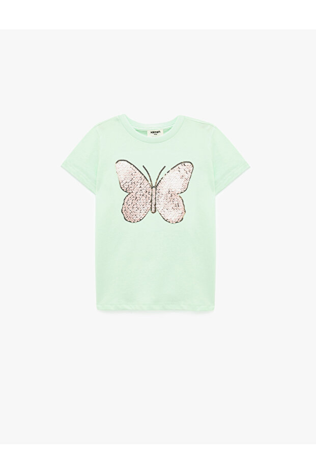 Sequin Butterfly Patterned Short Sleeve Cotton T-Shirt