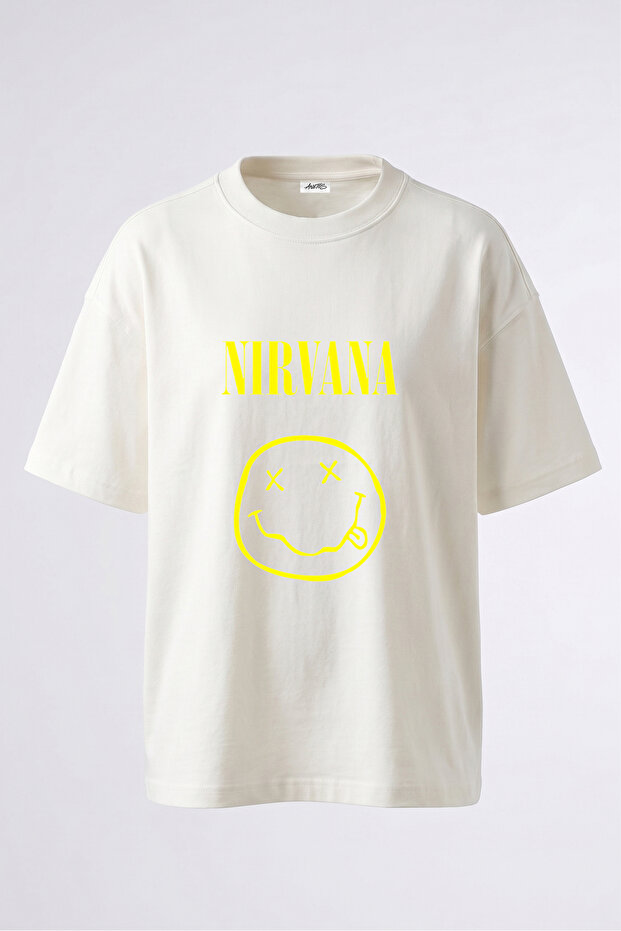 تي شيرت Nirvana Smiley_2 من القطن الأبيض المطبوع من الخلف بتصميم كبير الحجم