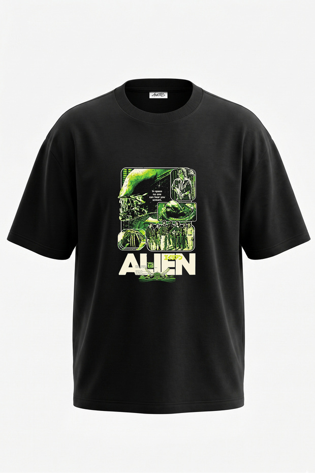 تي شيرت قطني أسود كبير الحجم مطبوع عليه تصميم Alien Xenomorph