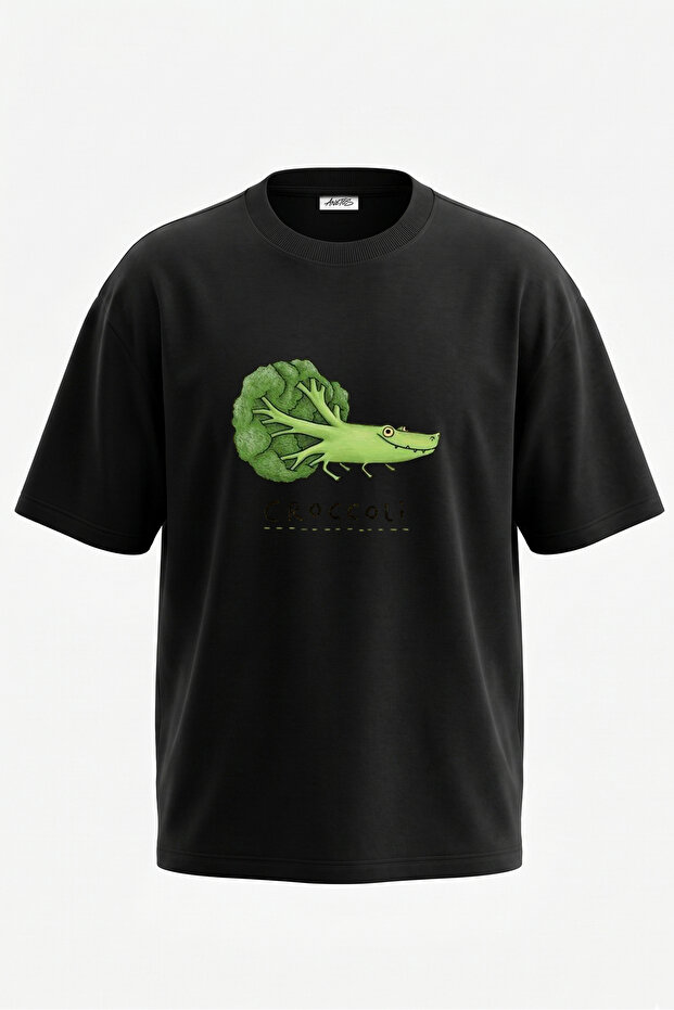 Crocodile Broccoli Design Back Printed Cotton Black Oversize T-Shirt