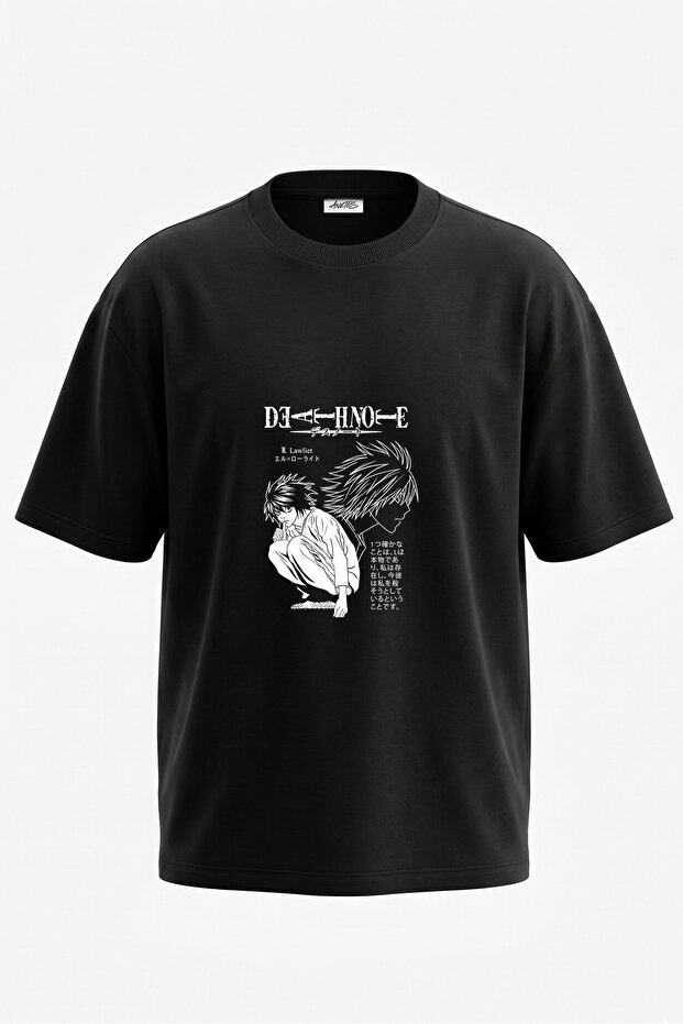 Death Note L Design Back Printed Cotton Black Oversize T-Shirt
