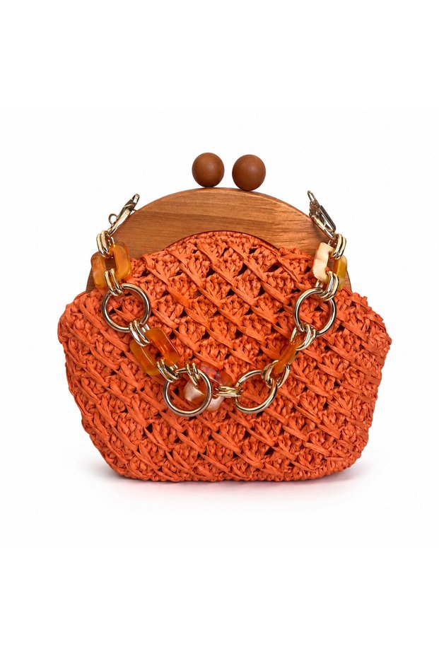 Orange Hand-Knitted Raffia Bag with Wooden Handle and Chain Detail, Women's Shoulder and Hand Bag
