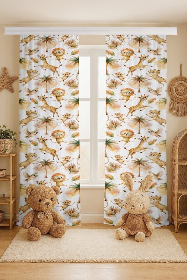 Safari Friends Patterned Children's Baby Room Background Curtain (Single Wing Pricing)