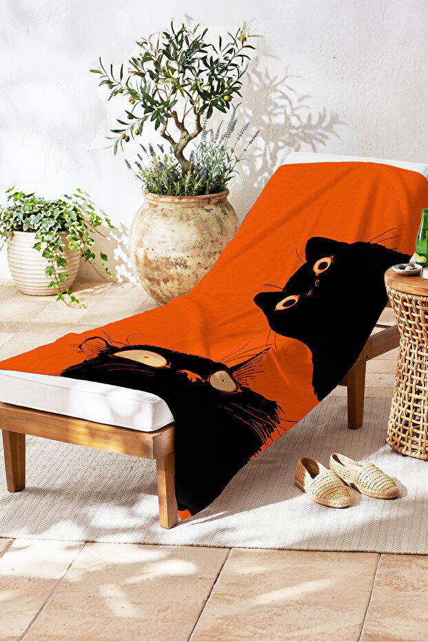 Orange Beach Towel with Cat Figure - Modern Black Marine Pool Sea Quick-Dry Microfiber Towel