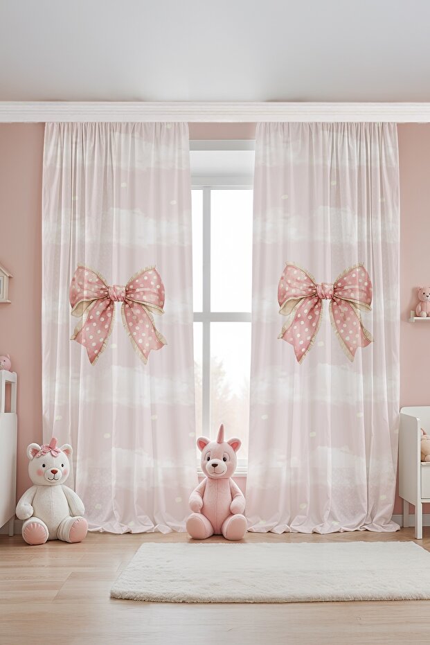 Pastel Polka Dot Bow Patterned Children's Baby Room Background Curtain (Single Wing Pricing)