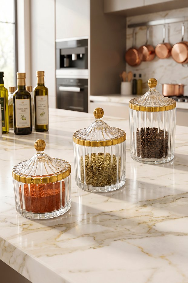 3-Piece Defne Glass Spice Jar Set with Wooden Lid, Spice Jar, Salt and Pepper Shakers, Kitchen Organizer
