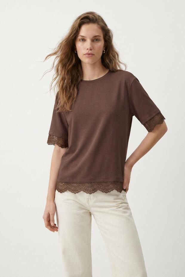 Brown Crew Neck Short Sleeve Lace Detail T-Shirt 26906