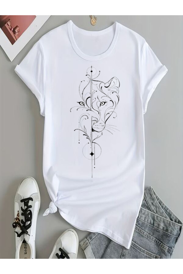 Artistic Lion Printed White Oversize T-Shirt