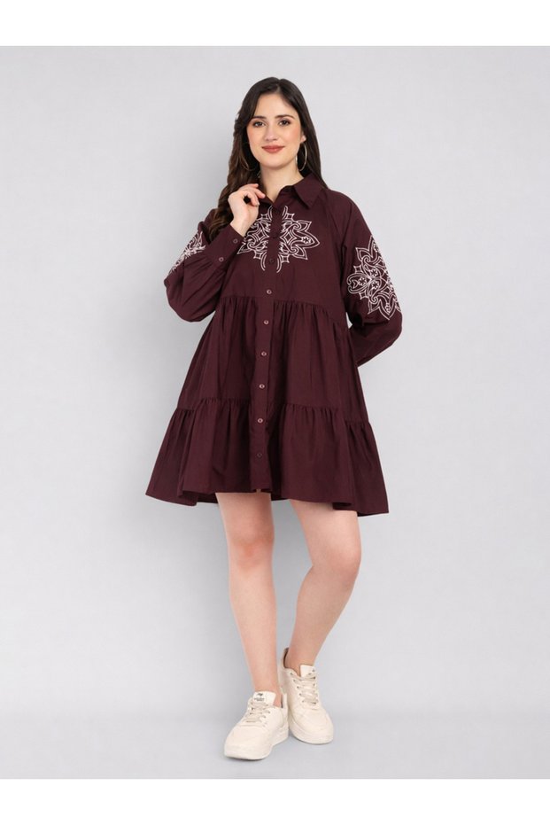Maroon Cotton Poplin Shirt Mini Dress