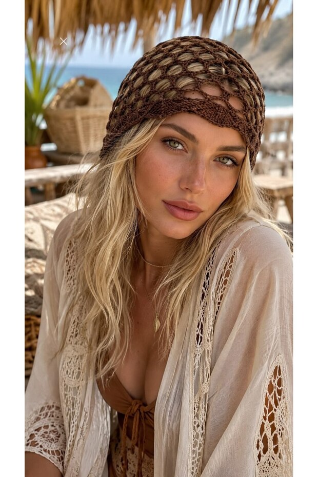 Coffee Color Hand Knitted Pearl Embroidered Mesh Hat Beanie