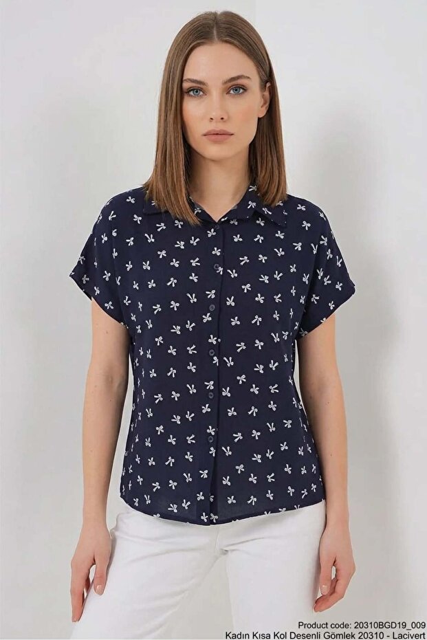 Women's Short Sleeve Plain Pattern Viscose Navy Blue Shirt