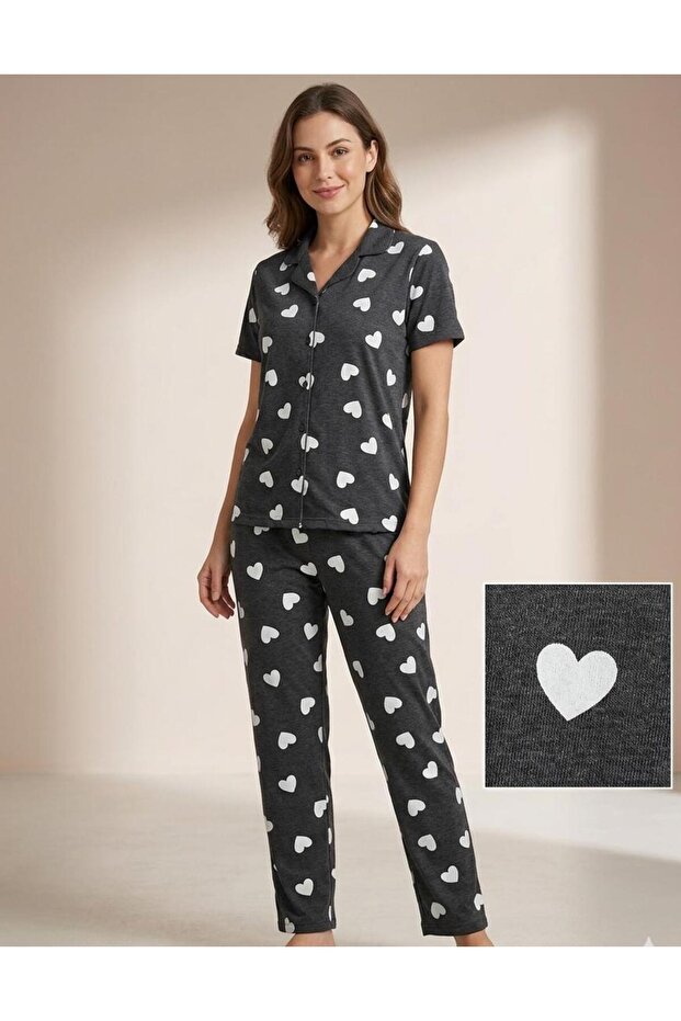 Summer Buttoned Short Sleeve Gray Big Heart Pajama Set