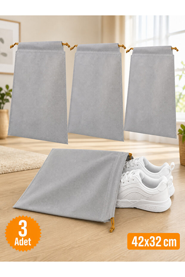 3 Pieces Gray Drawstring Shoe Storage Bag Travel Pouch Multi-Purpose Closet Drawer Suitcase Organizer