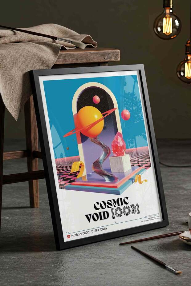 Abstract Planet Space Painting Vaporwave – Surreal Y2K Art Poster – Black Framed