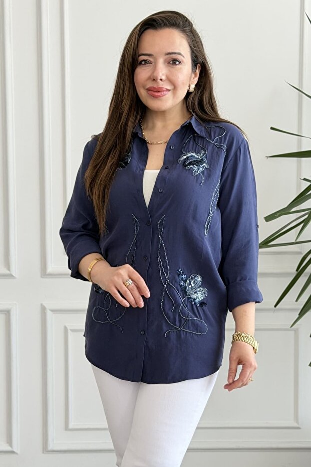 Floral Sequin Beaded Embroidered Shirt