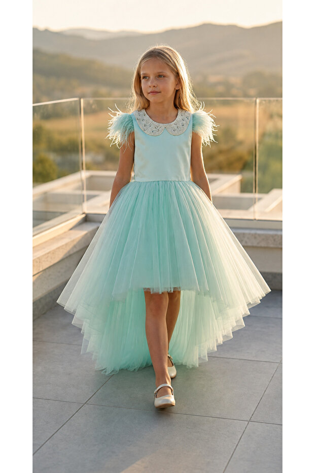 Short Front Long Back Handcrafted Pearl Collar Feathered Princess Dress Special Occasion, Wedding 5-12 Years Old