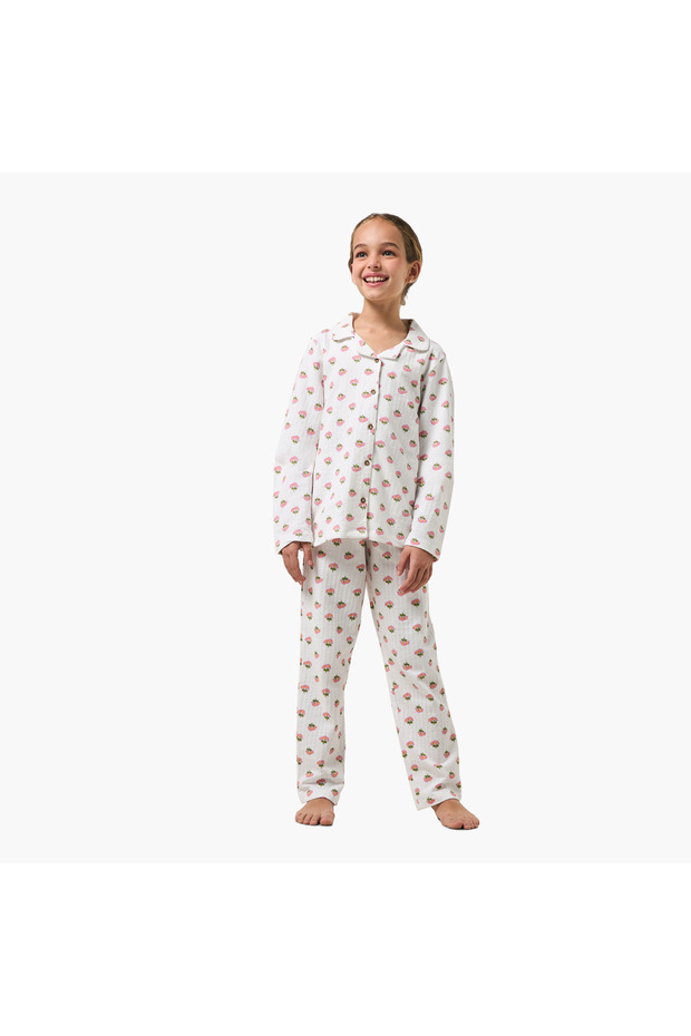 Cotton Collared Long Sleeves Pyjama Set with Floral Print