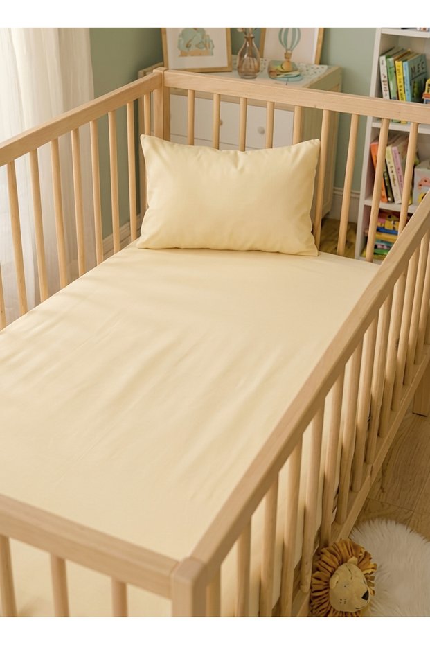 Set of 2 100% Cotton Poplin Baby Elastic Sheets and Pillowcases Park Bedding Butter Color | 60X120 cm 35X45 cm