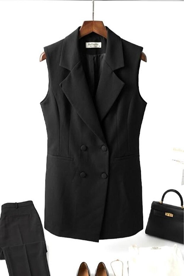 Women's double-breasted collar buttoned sleeveless vest black