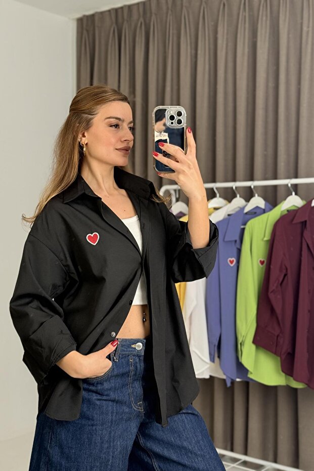 Bear Embroidered Oversize Basic Shirt Black