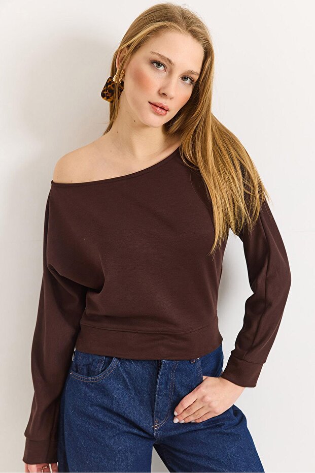 Women's batwing soft-touch blouse with waist tie - brown