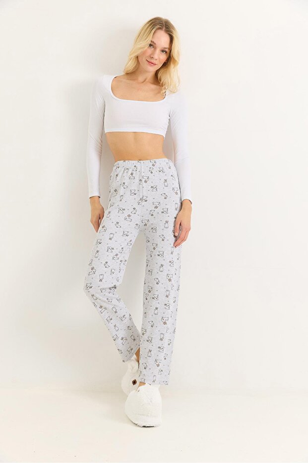 Women's colorful rabbit print interlock cotton pajama bottoms - grey