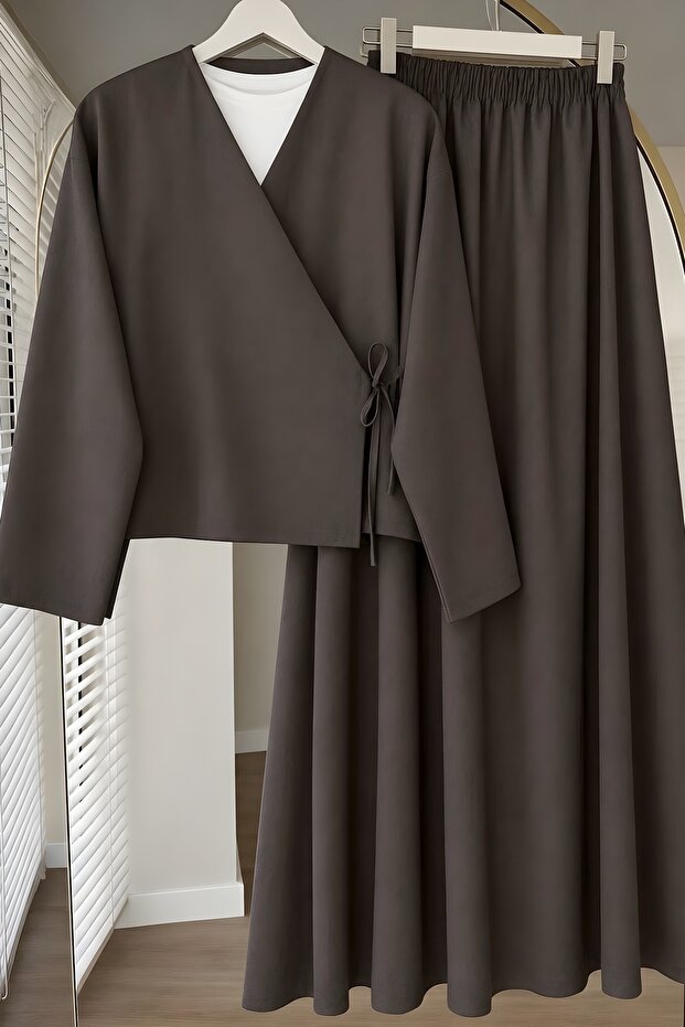 Acı Kahve Side-Tie Dabıl Kimono Skirt Set