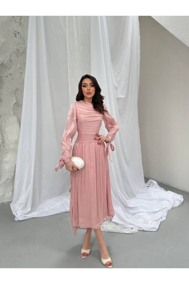 Women's Gathered Detailed Cuff Belted Yoryo Fabric Invitation Wedding Graduation Evening Dress