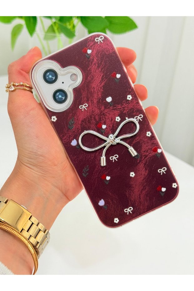 iPhone 17 Case with Marbling Effect, 3D Bow and Floral Pattern, Raised Camera Cover, Burgundy