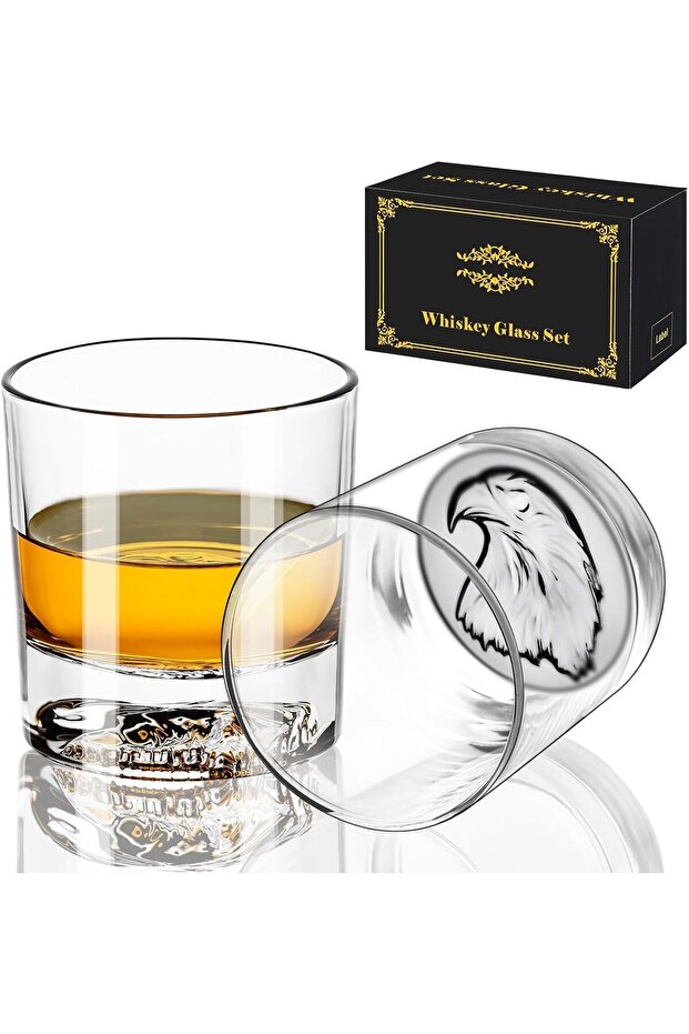 Whiskey Glasses, Eagle Pattern Thick Bottom, Old Fashioned Glasses for Scotch, Whiskey, Gin, Vodka, 10.6oz Whiskey Glasses Set of 2, Gift for Men